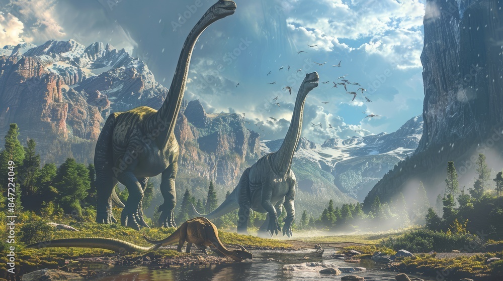 Prehistoric Landscape Of Dinosaurs Roaming The Earth In An Ancient prehistoric-landscape-of-dinosaurs-roaming-the-earth-in-an-ancient