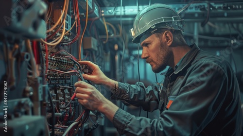 Professional electrician man works in a switchboard with an electrical connecting cable, Electrician repairing hyper realistic 