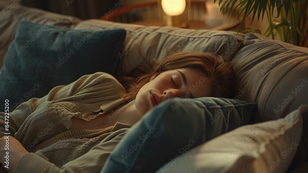 Tired unmotivated young woman falls asleep on cozy couch indoors, having no energy after hard working day. Exhausted caucasian lady napping on comfortable sofa in living room, fatigue concept. Tired unmotivated young woman falls asleep on cozy couch indoors, having no energy after hard working day. Exhausted caucasian lady napping on comfortable sofa in living room, fatigue concept.