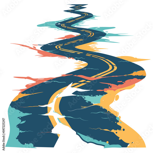 Abstract distorted road reflection. Curved road yellow lines colorful background. Creative street reflection art piece