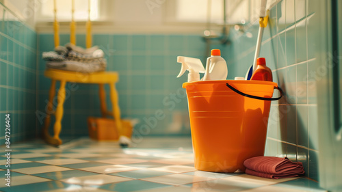 Various cleaning items and supplies in a bucket on the bathroom floor.