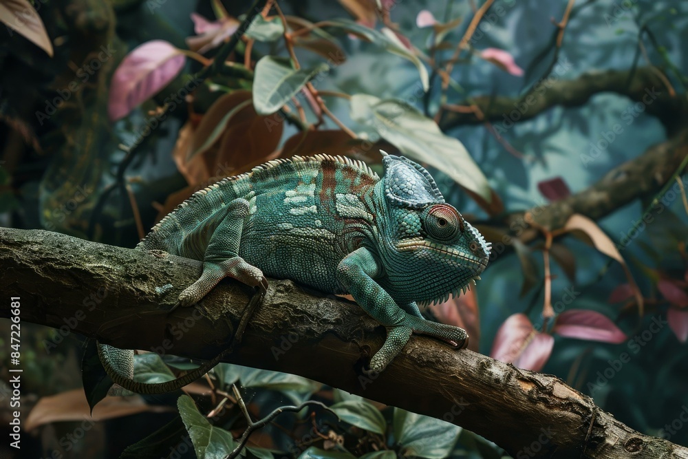 Naklejka premium Chameleon is resting on a branch in a vivid, colorful tropical setting