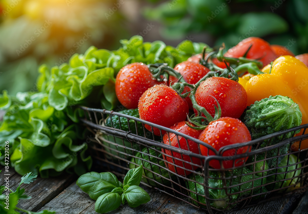 Fresh Tomatoes, Cucumbers, and Peppers in Wire Basket Fresh Tomatoes, Cucumbers, and Peppers in Wire Basket