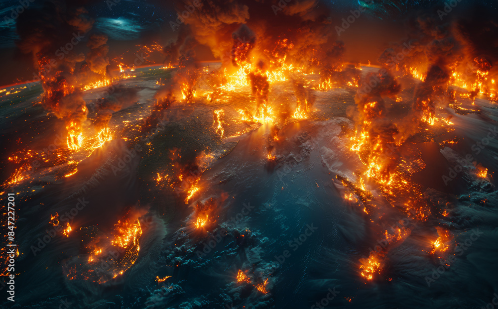Burning Earth From Space. A dramatic image of Earth on fire, viewed from space, showing large plumes of smoke and flames. Burning Earth From Space. A dramatic image of Earth on fire, viewed from space, showing large plumes of smoke and flames.