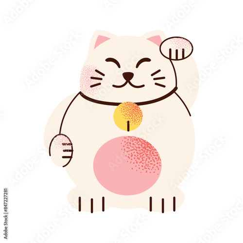 Japanese maneki-neko cat. Asian figurine with coin for luck in business, money and fortune. Chinese kitty toy with raised beckoning right paw. Flat vector illustration isolated on background