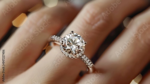 Engagement luxury diamond ring on woman finger closeup, baguette and solitaire diamond ring on woman fingers. Generative AI