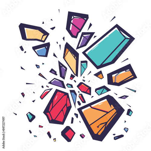 Colorful abstract geometric shapes scattered explosion pattern isolated white background. Vibrant mosaic glass shards breaking dynamic vector illustration. Bright kaleidoscope colorful fragmented