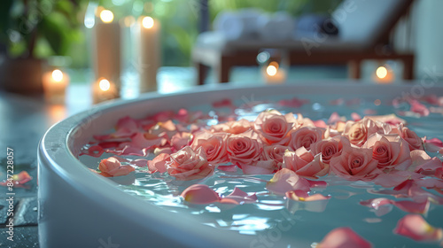 A luxurious bath scene with rose petals bath salts © Serega