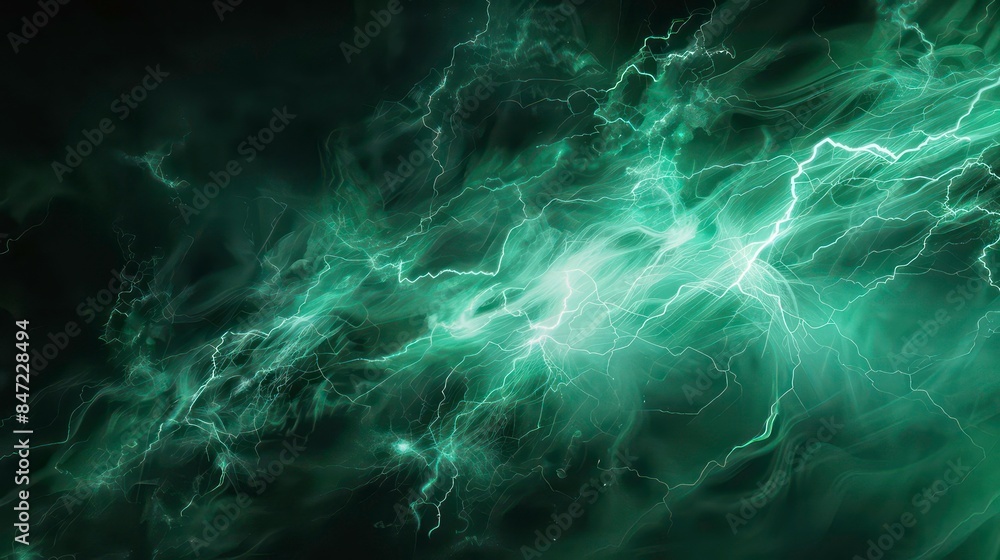 Fototapeta premium Fantasy green lightning, abstract electrical background ,Teal abstract lightning on black. Generative AI