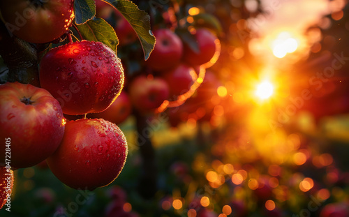 A bunch of red apples hanging from a tree. The sun is setting in the background. The apples are wet from the dew