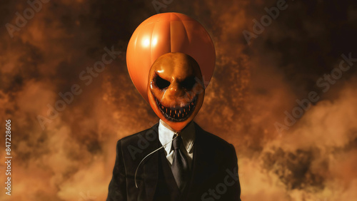 Halloween Monster Mann im Anzug mit Kürbis Maske und gruseligen Hintergrund photo