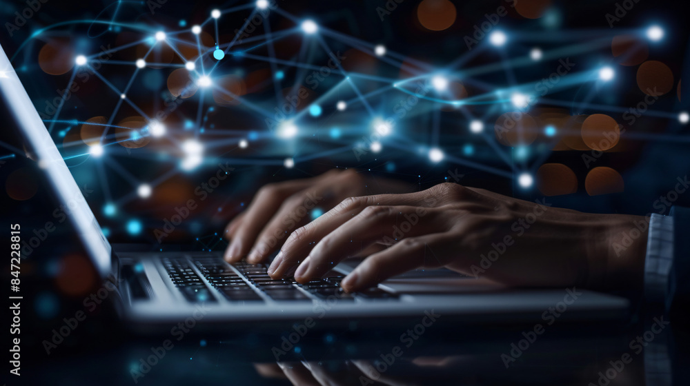Hands typing on laptop with futuristic network graphics representing connectivity in close-up shot Hands typing on laptop with futuristic network graphics representing connectivity in close-up shot