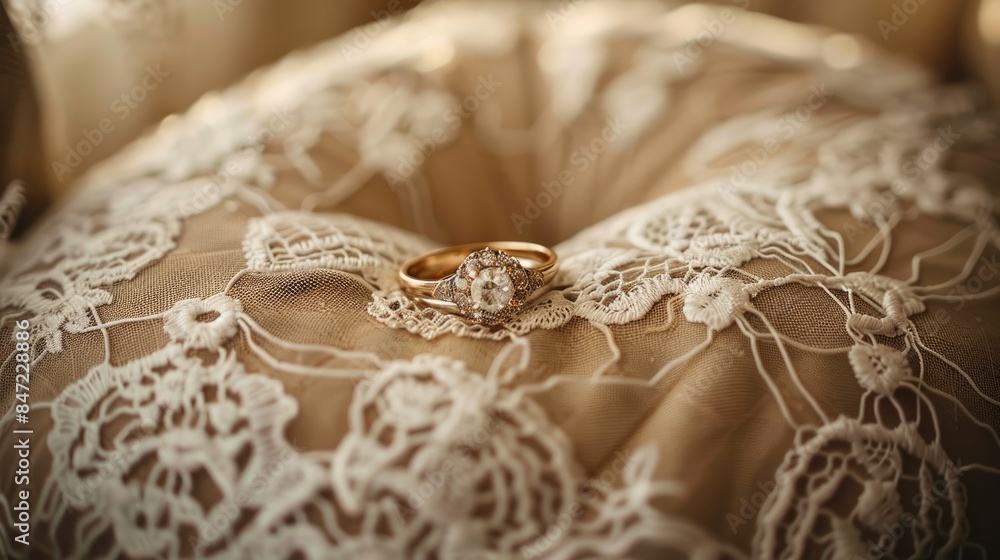 Lace and twine adorned ring resting on a pillow Lace and twine adorned ring resting on a pillow