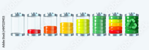 3d. Battery charge from zero to high and full. Energy. Recyclable environmentally friendly energy. Smart consumption and energy saving. Isolated on background. Vector illustration