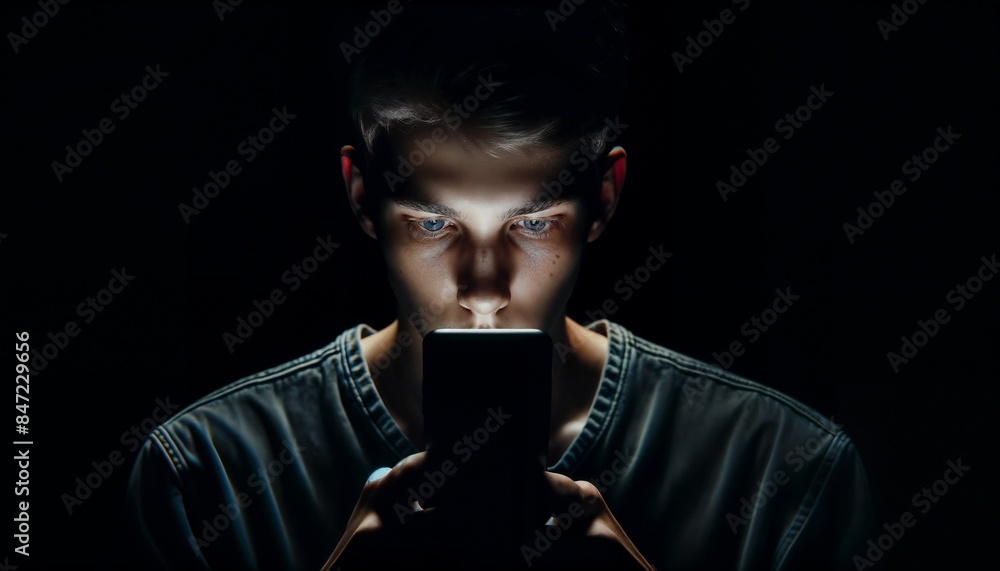 Teenager Glowing from Smartphone Light in Dark Room Teenager Glowing from Smartphone Light in Dark Room