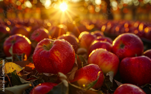 A bunch of red apples are on the ground in a field. The sun is shining on them, making them look shiny and ripe
