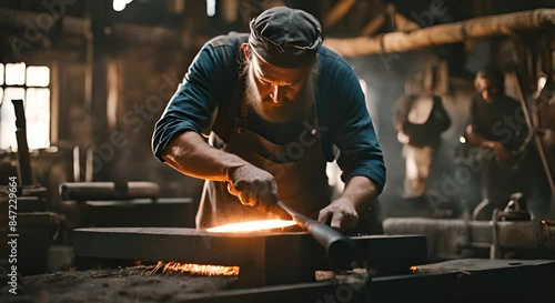 Blacksmith working in his workshop. photo