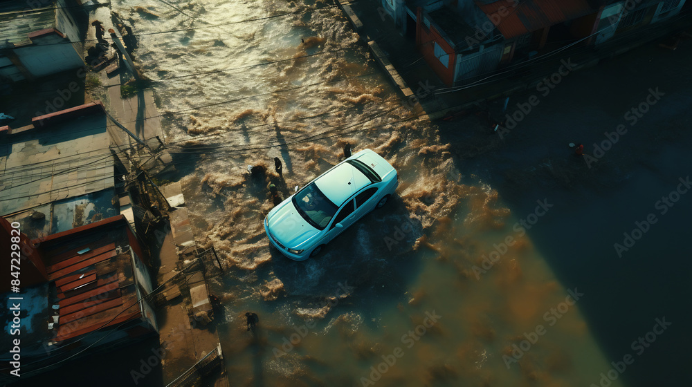Aerial view of a car driving through flooded urban street Aerial view of a car driving through flooded urban street