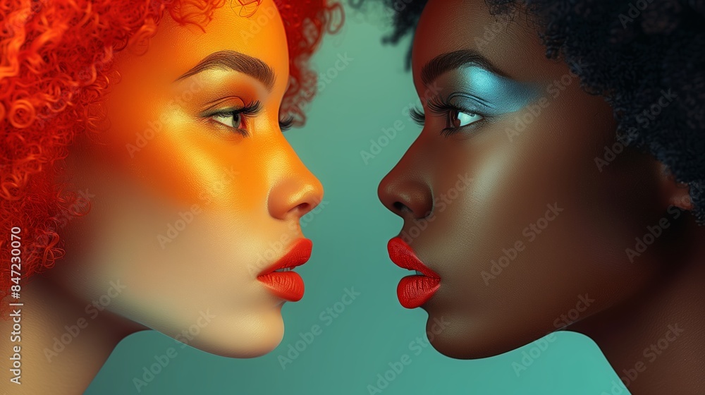 Two Women Looking Off Camera With Bright Makeup Two Women Looking Off Camera With Bright Makeup