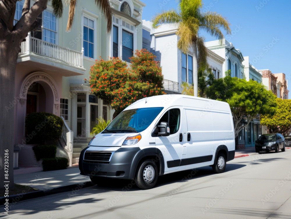 A dynamic image of a delivery van driving through urban roads, serving as an excellent mock-up for a commercial cargo company's operations. A dynamic image of a delivery van driving through urban roads, serving as an excellent mock-up for a commercial cargo company's operations.