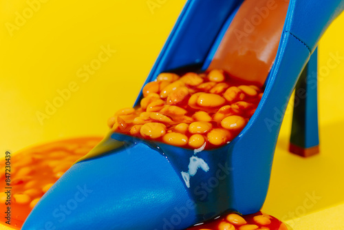 baked beans overflowing from a high-heeled shoe photo
