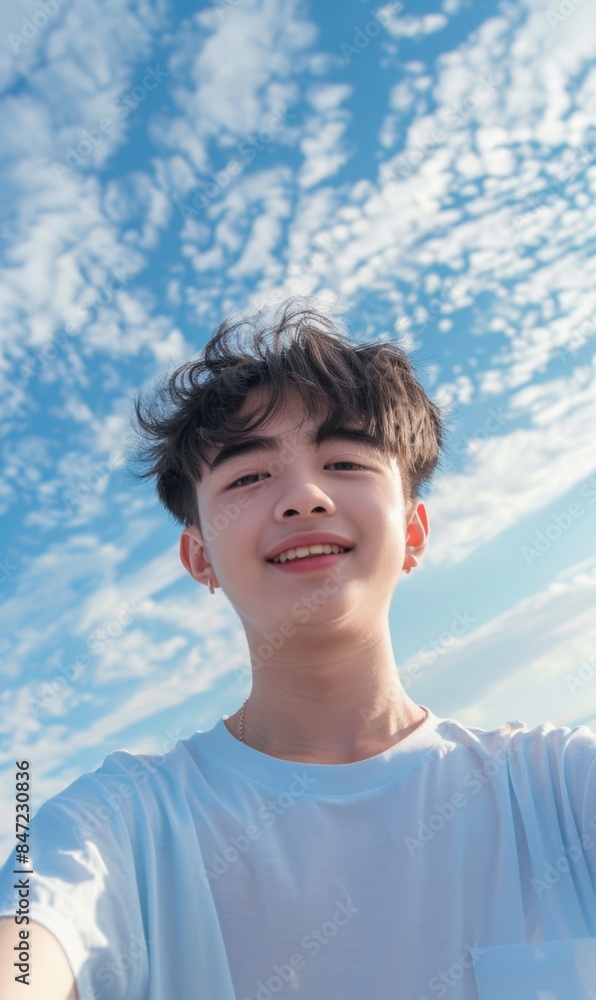A person smiling against a backdrop of blue sky and clouds A person smiling against a backdrop of blue sky and clouds