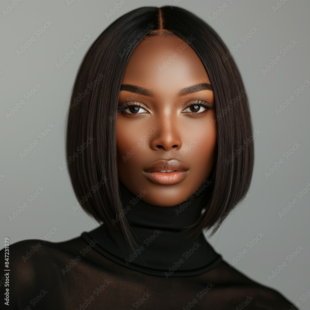 African American woman with a modern sleek bob haircut, neutral makeup and a turtleneck top African American woman with a modern sleek bob haircut, neutral makeup and a turtleneck top