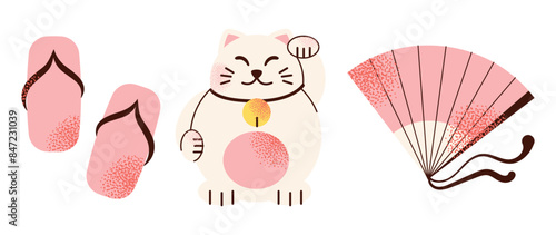 Japanese art and culture set. Set of Japanese travel icons. Symbols of the island. Various sights and famous elements. Pagoda architecture, maneki neko toy. National traditional Japan illustration