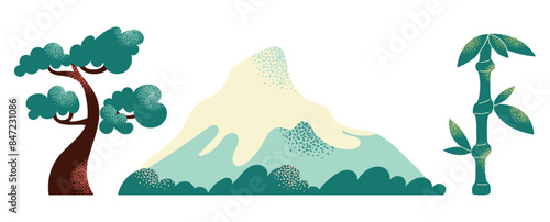 Japanese art and culture set. Set of Japanese travel icons. Symbols of the island. Various sights and famous elements. Pagoda architecture, maneki neko toy. National traditional Japan illustration