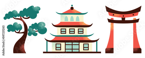 Japanese art and culture set. Set of Japanese travel icons. Symbols of the island. Various sights and famous elements. Pagoda architecture, maneki neko toy. National traditional Japan illustration