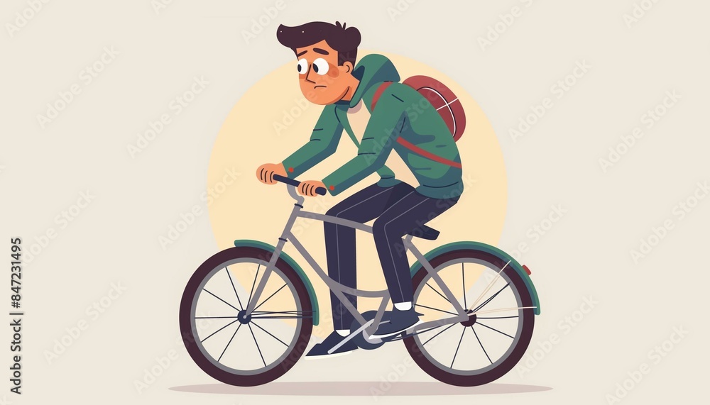 Naklejka premium Sad Young Man Riding Bicycle with Backpack - Cartoon Character Illustration
