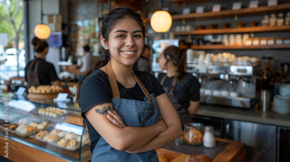 Smiling young woman with apron standing in a cafe, exuding friendly customer service Smiling young woman with apron standing in a cafe, exuding friendly customer service