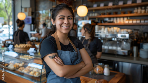 Smiling young woman with apron standing in a cafe, exuding friendly customer service