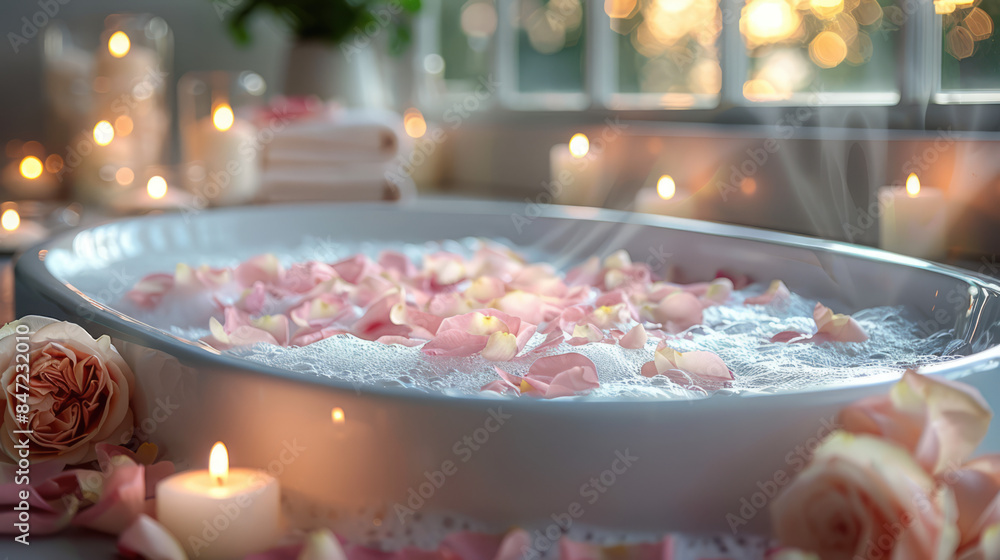 A luxurious bath scene with rose petals bath salts A luxurious bath scene with rose petals bath salts