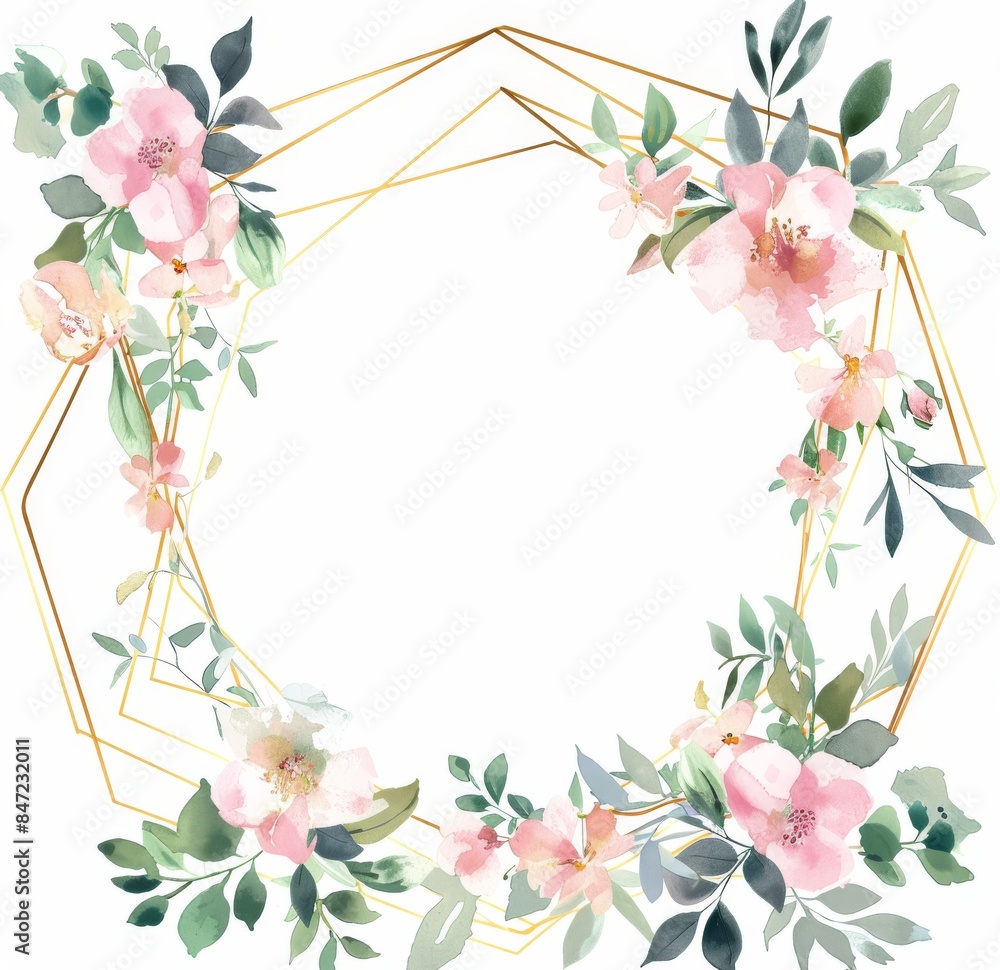 Fototapeta premium Floral watercolor frame with gold geometric lines