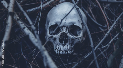 human skull among branches in a dark forest