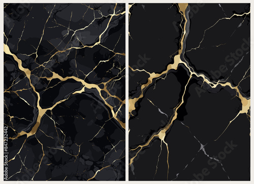  Set of Modern black and gold marble backgrounds, granite texture, elegant dark card design for birthday invite, wedding, wall art, cover. Vector realistic illustrations