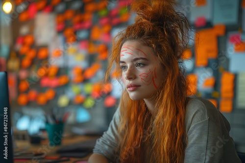 People in a co-working space are hunched over their computers, with a post-it note on their heads, room filled with post-it notes photo