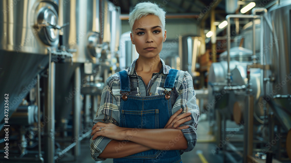 Obraz premium Strong, professional woman stands with crossed arms in a modern brewery