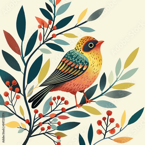 Brightly Colored Bird on a Branch with Leaves and Berries Illustration © Qstock