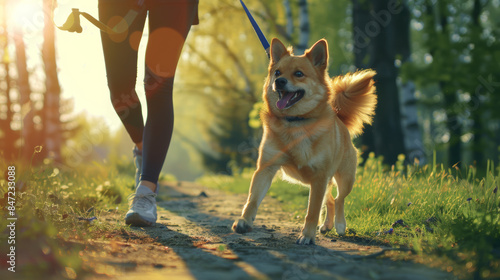 person walking dog on wooded path during sunny day