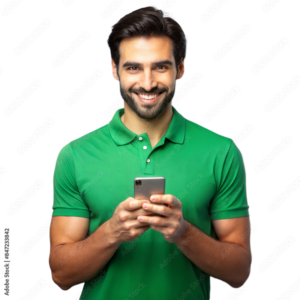 Smiling man in green shirt using smartphone on transparent background Smiling man in green shirt using smartphone on transparent background