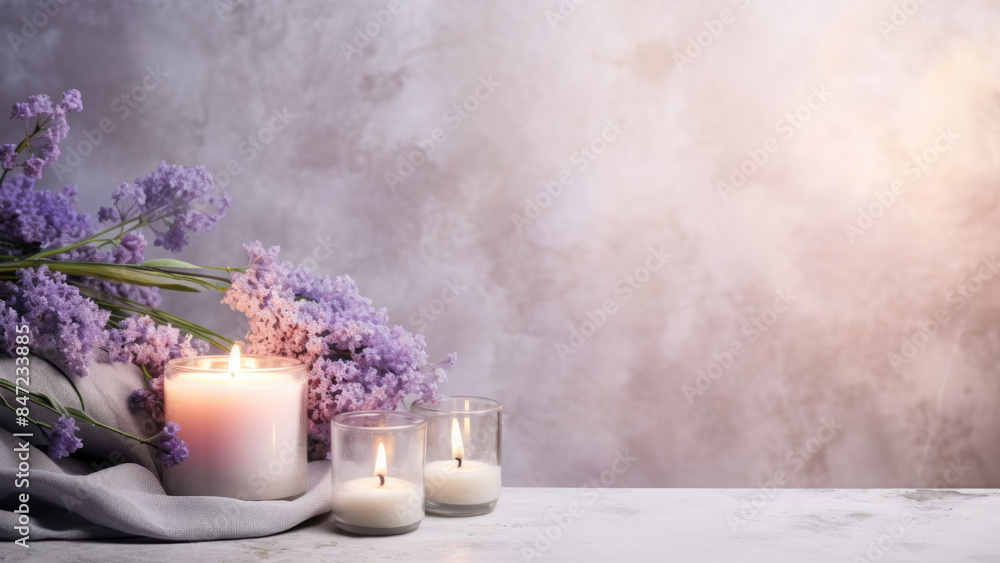 Elegant arrangement of glowing candles and delicate lavender flowers creating a serene and peaceful ambiance.
Elegant arrangement of glowing candles and delicate lavender flowers creating a serene and peaceful ambiance.