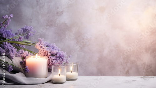 Wallpaper Mural Elegant arrangement of glowing candles and delicate lavender flowers creating a serene and peaceful ambiance.
 Torontodigital.ca