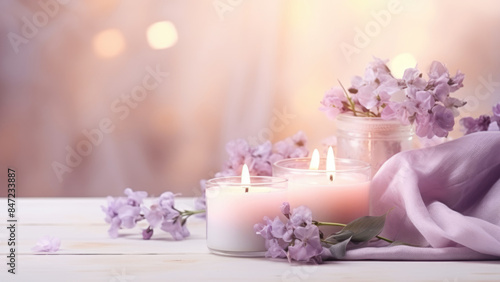 Wallpaper Mural Elegant arrangement of glowing candles and delicate lavender flowers creating a serene and peaceful ambiance.
 Torontodigital.ca