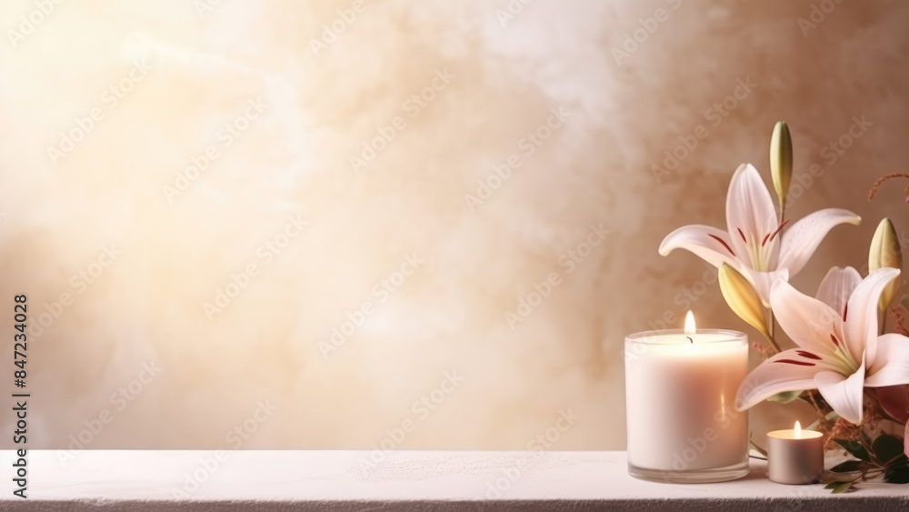 Pink Lilies and White Candles on a Soft Background
Pink Lilies and White Candles on a Soft Background