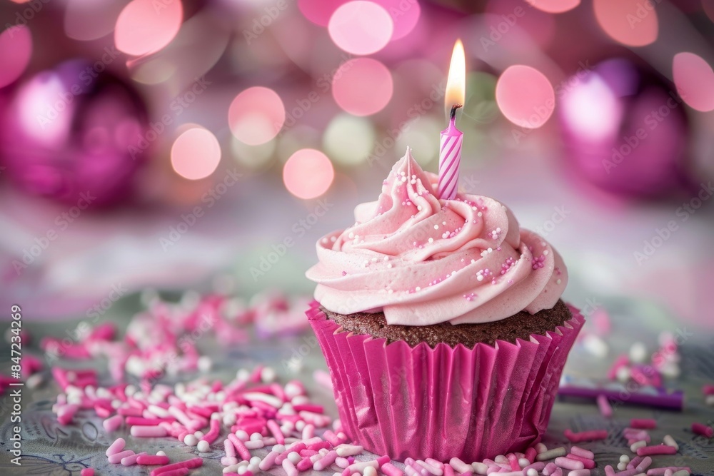 Pink frosted cupcake with sprinkles and a lit candle celebrating a birthday party Pink frosted cupcake with sprinkles and a lit candle celebrating a birthday party