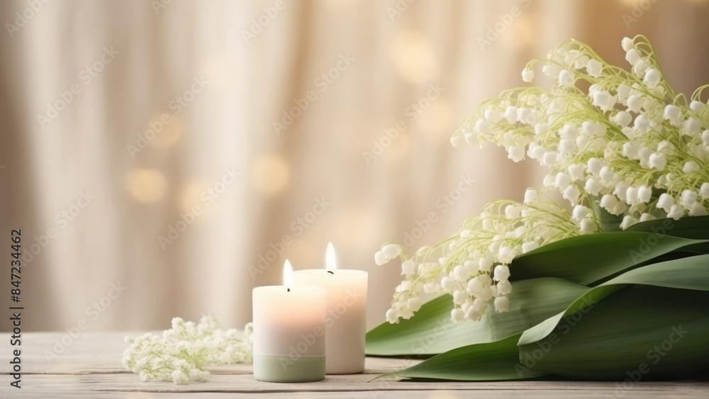 custom made wallpaper toronto digitalElegant lily of the valley bouquet paired with softly glowing candles, creating a serene and romantic ambiance against a soft background.
