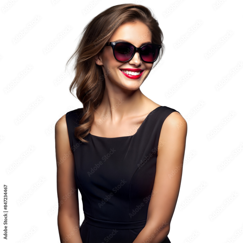Elegant woman with sunglasses and red lipstick smiling confidently Elegant woman with sunglasses and red lipstick smiling confidently