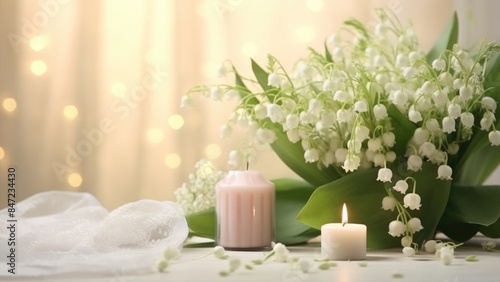 Wallpaper Mural Elegant lily of the valley bouquet paired with softly glowing candles, creating a serene and romantic ambiance against a soft background.
 Torontodigital.ca